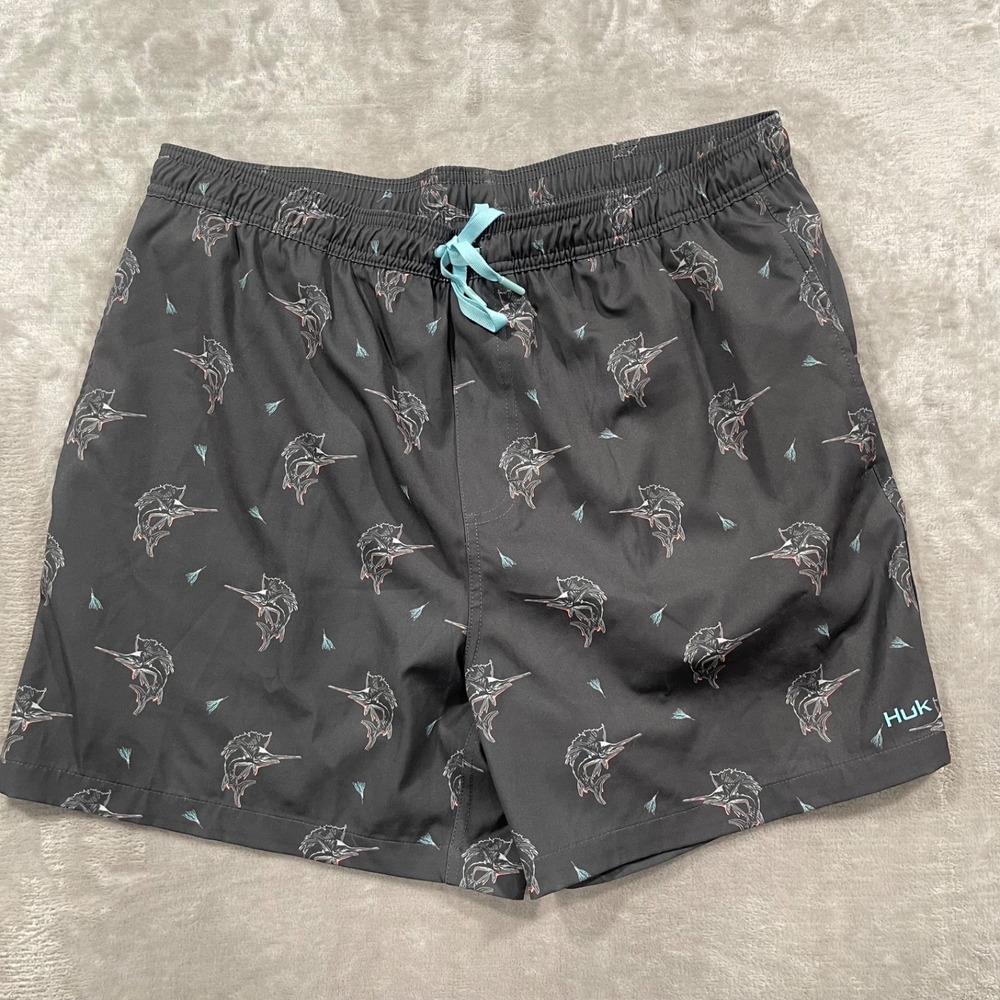 Huk Swim Trunks Mens XL Black Swordfish Print Shorts Lined Drawstring Fishing